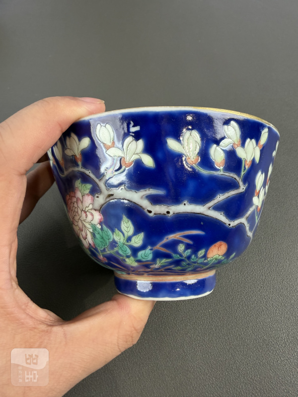 清光绪 蓝地粉彩花鸟图三才盖碗 - 图8
